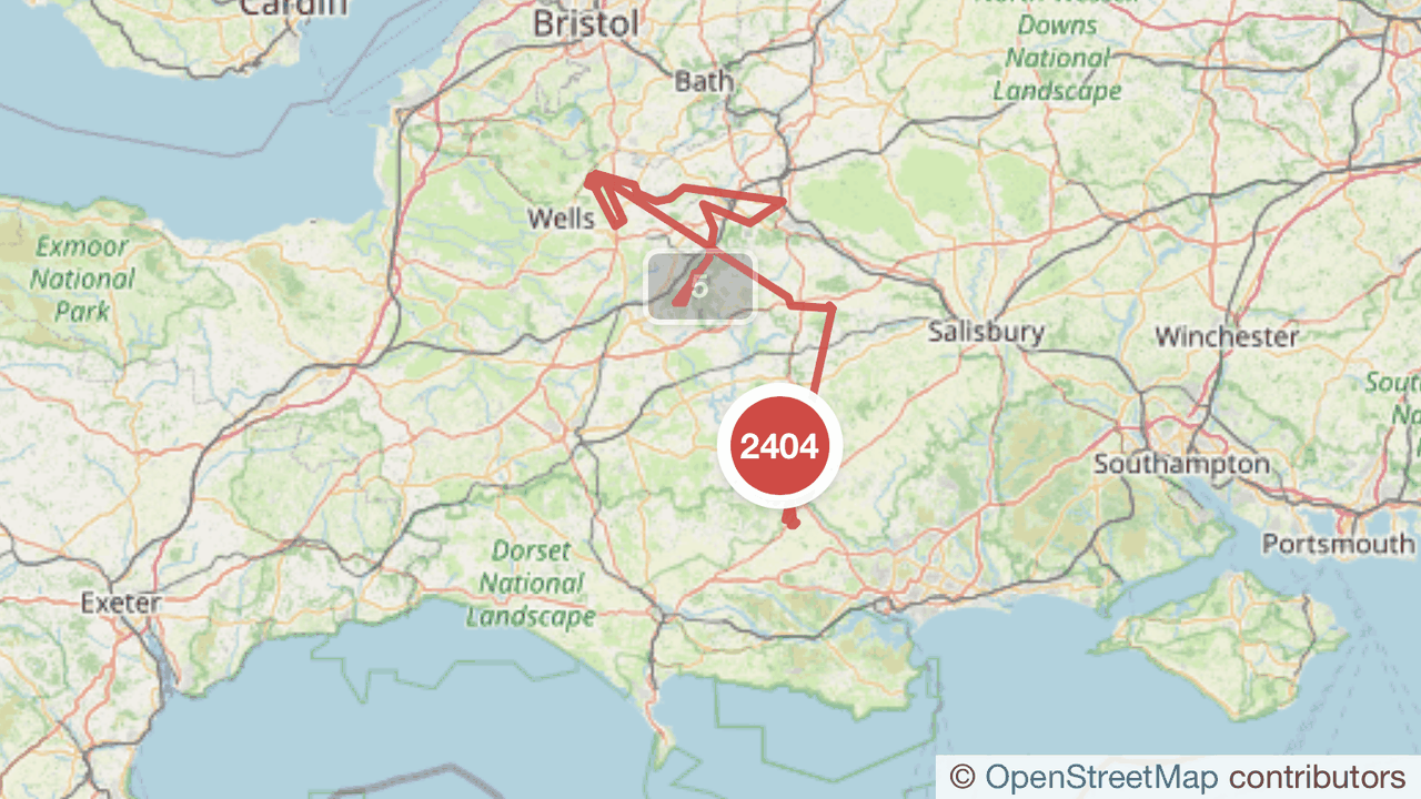 Canopy screenshot: a satellite-tagged turtle dove's GPS track across Somerset, from Cannwood to the Mendips, with 2,404 GPS fixes clustered on the map