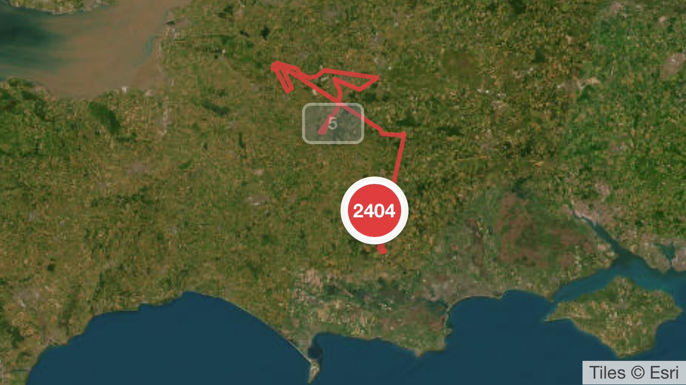 Canopy screenshot: a satellite-tagged turtle dove's GPS track drawn on satellite imagery of south-west England, from the Mendips south towards the Dorset coast, with a cluster of 2,404 GPS fixes