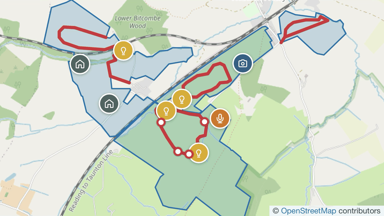 Canopy screenshot: the Heal reserve map with camera trap, acoustic recorder and moth trap markers across the parcels, and survey routes drawn in red
