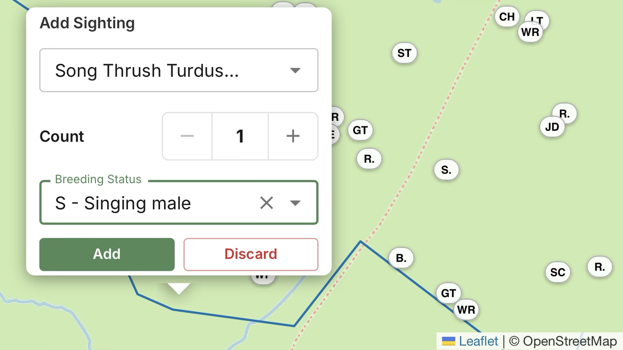 Canopy screenshot: the Heal survey map covered in bird sightings marked by BTO code, with a song thrush being added as a singing male from the field